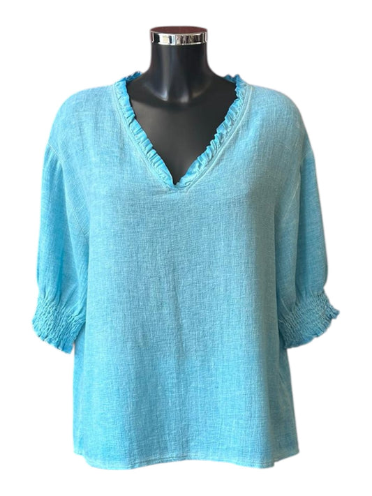Casey range frill v neck top - Aqua