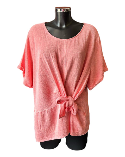 Casey range short sleeve tie front top - Coral