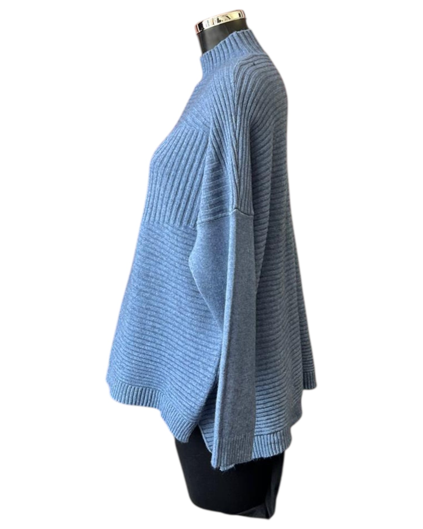 Zina boxy ribbed funnel neck soft knit jumper - Denim