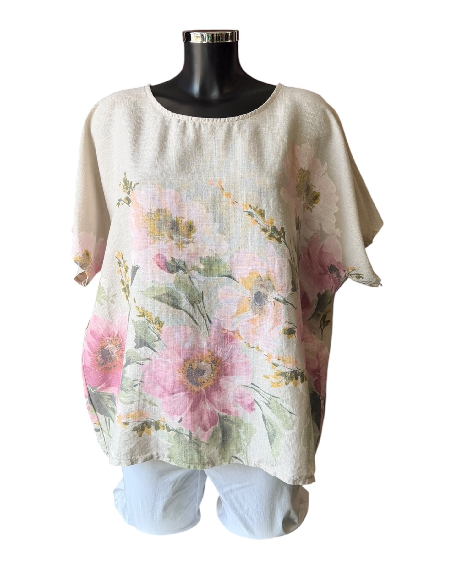 Amilla big flower linen mix top - beige