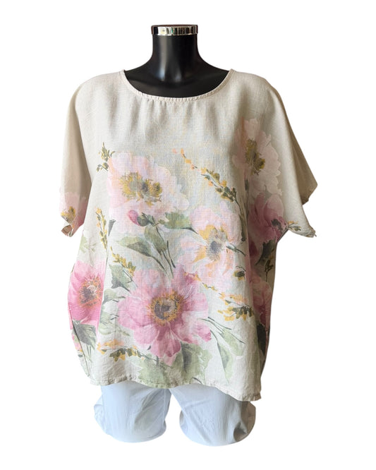 Amilla big flower linen mix top - beige