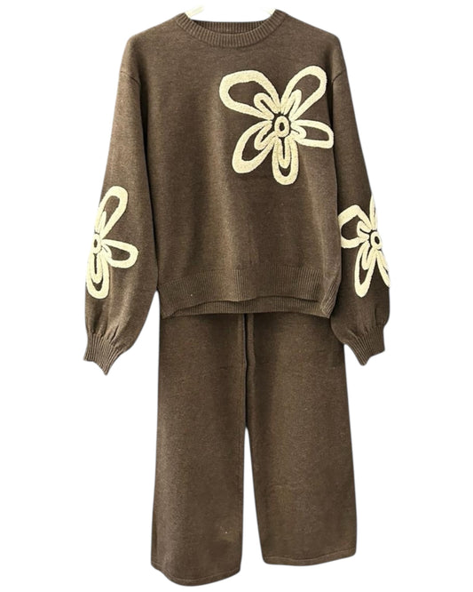 Milano flower range premium knit co ord trouser set - Chocolate