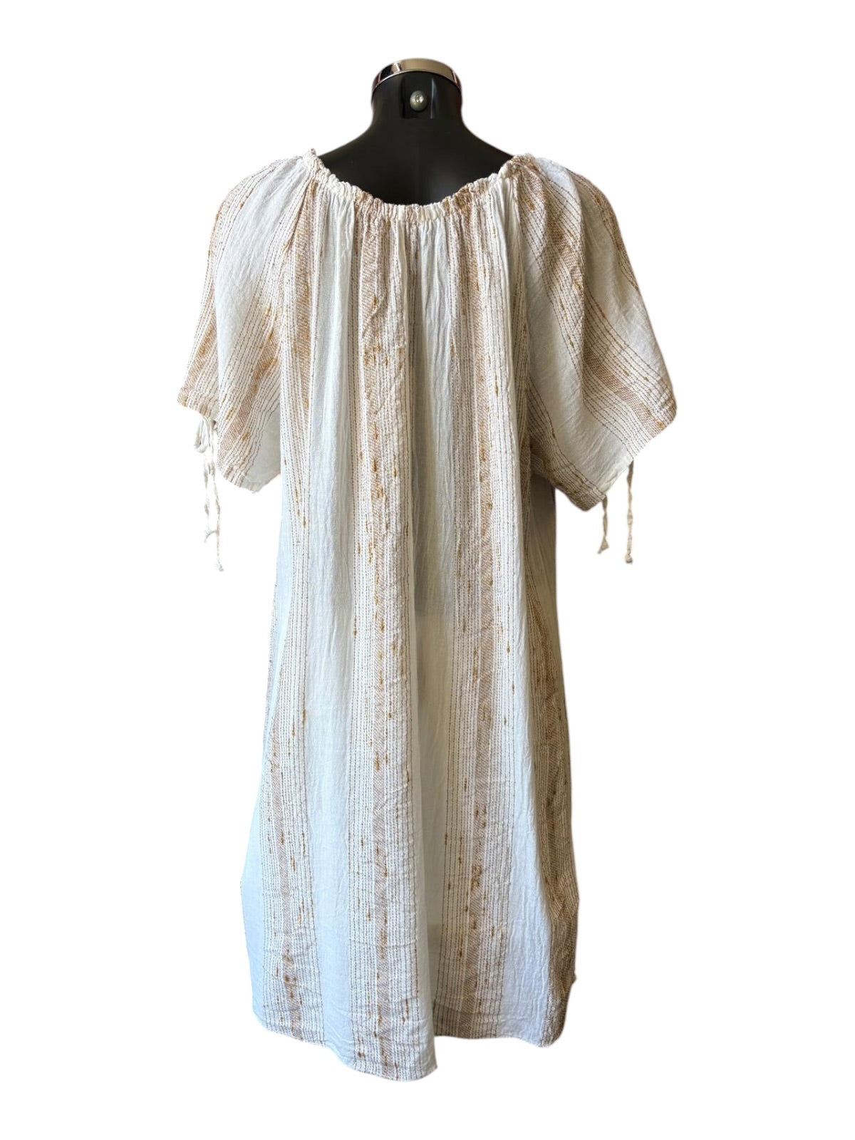 Caprice range linen and cotton gold thread off shoulder dress