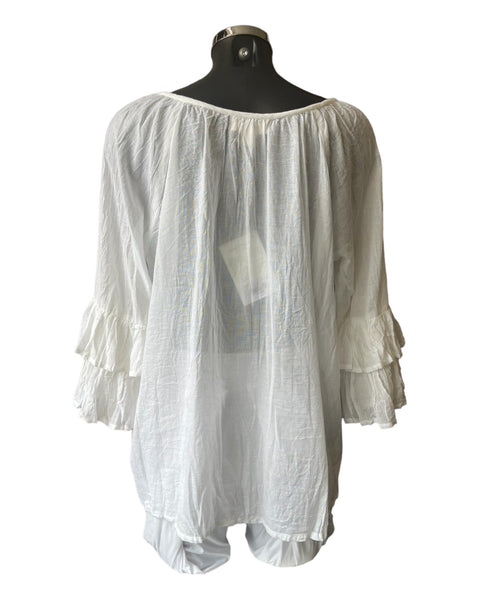 Orientique frill sleeve organic cotton top - White