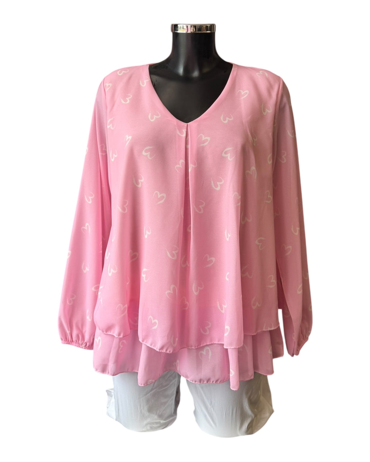 Virginia v neck layered hem top - Pink Hearts