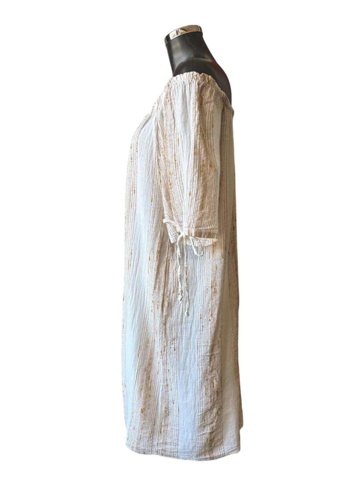Caprice range linen and cotton gold thread off shoulder dress