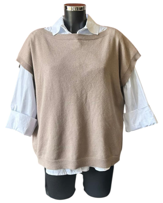 Yasmin 2 piece button back jumper & shirt  - Taupe