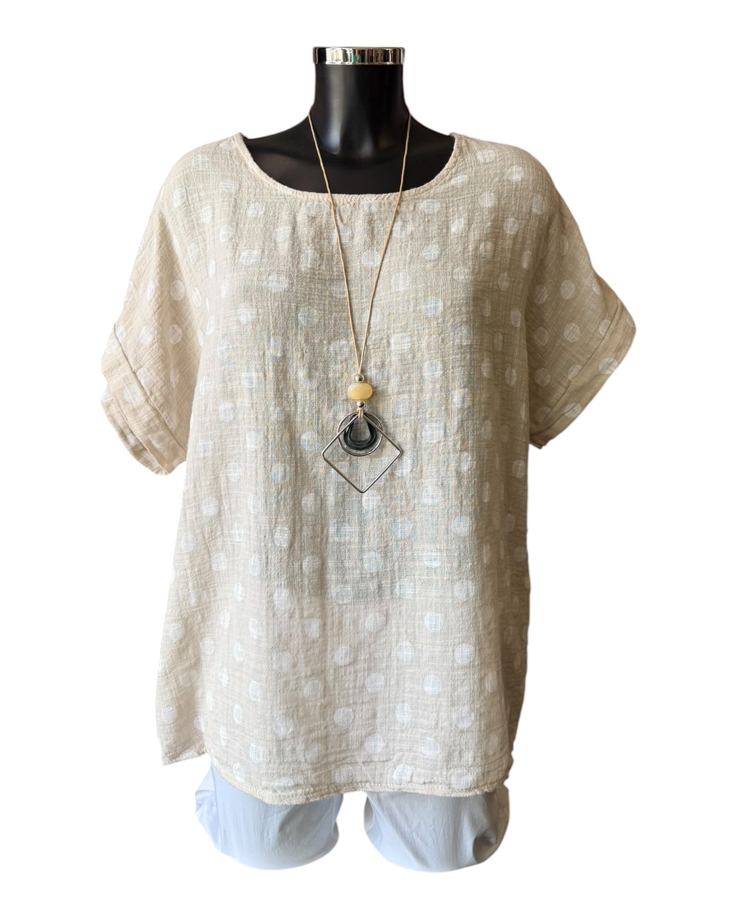 Polly polka dot cotton top & necklace - Beige