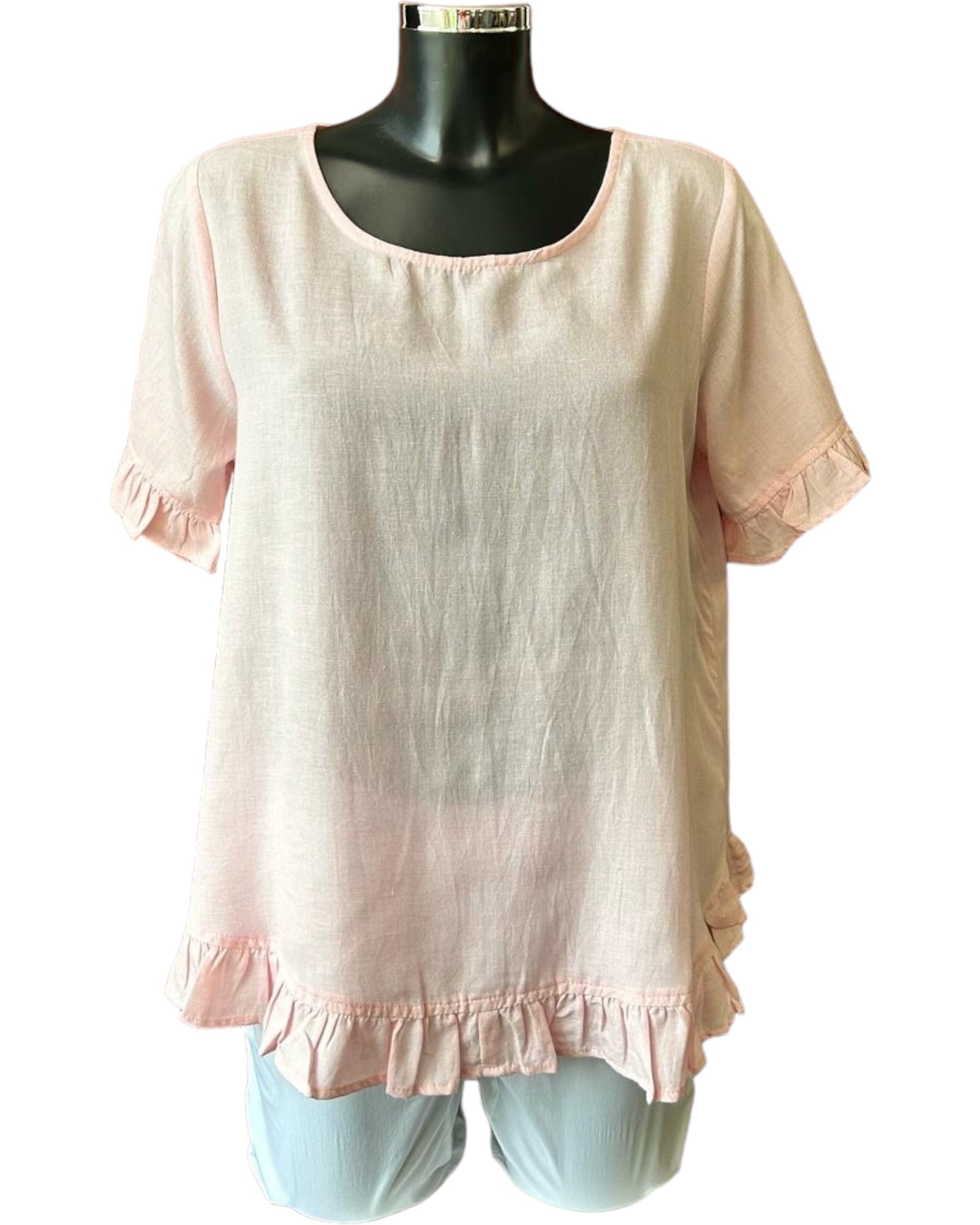 Orientique frill hem button back top - Strawberry cream