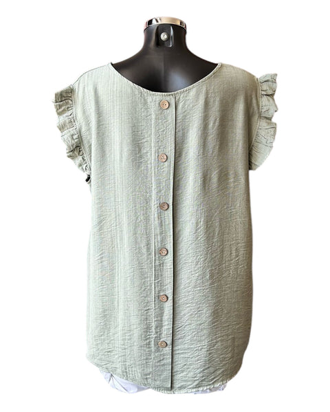Claire mock button back frill shoulder top - Khaki