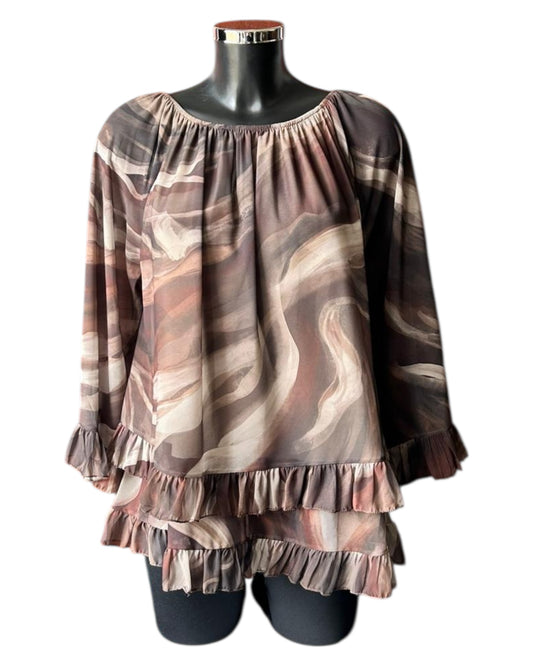 Lara marble print frill edge blouse - Chocolate