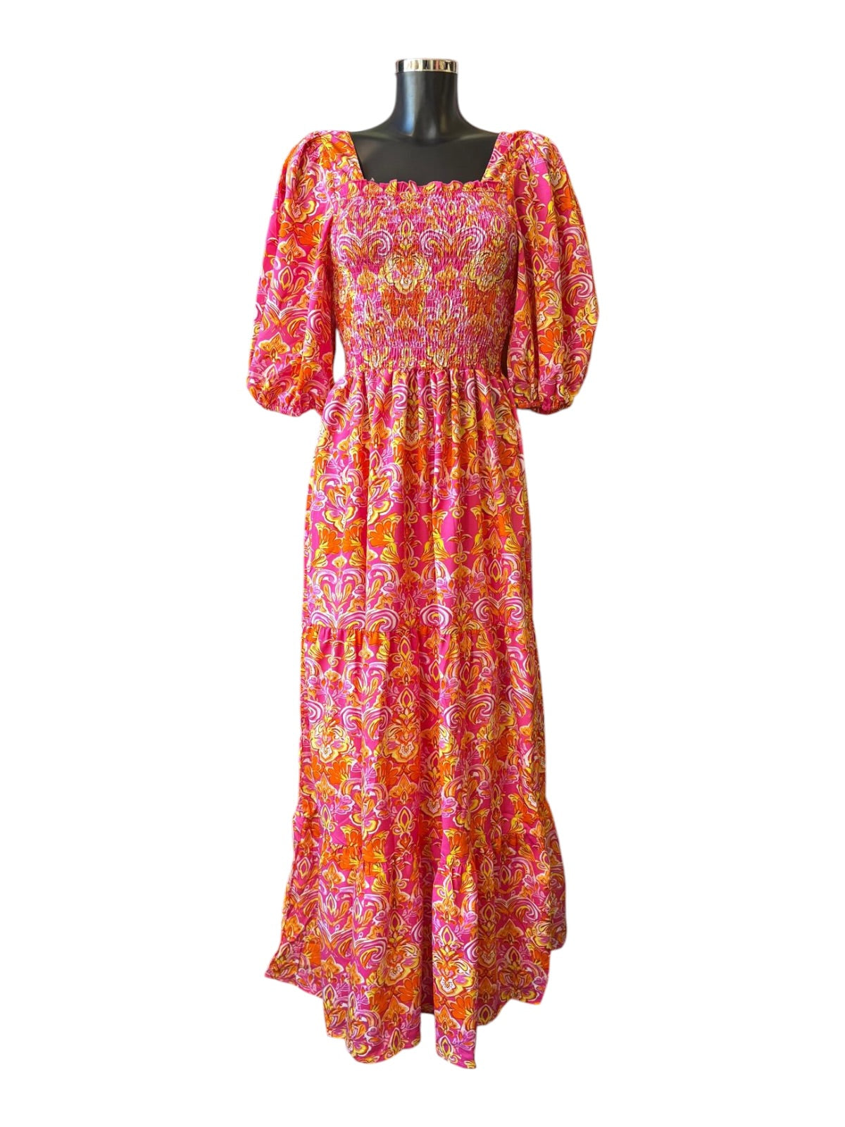 Janey pink/orange milkmaid dress