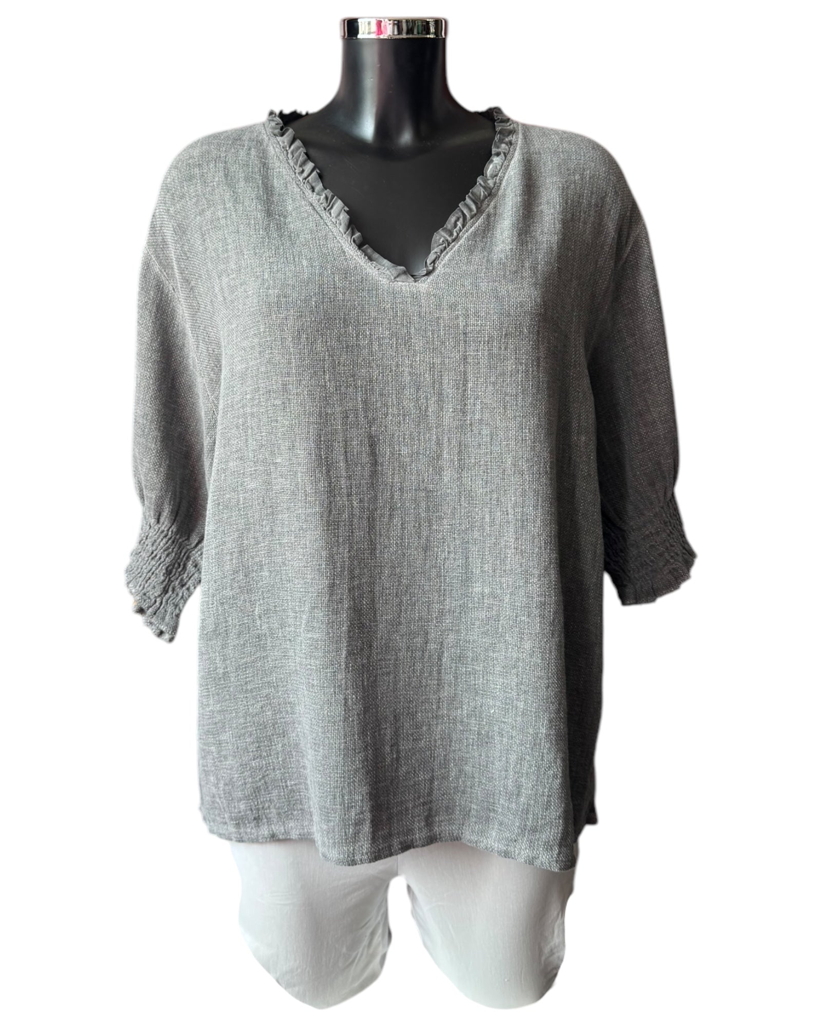 Casey range v neck shirred sleeve top - Grey