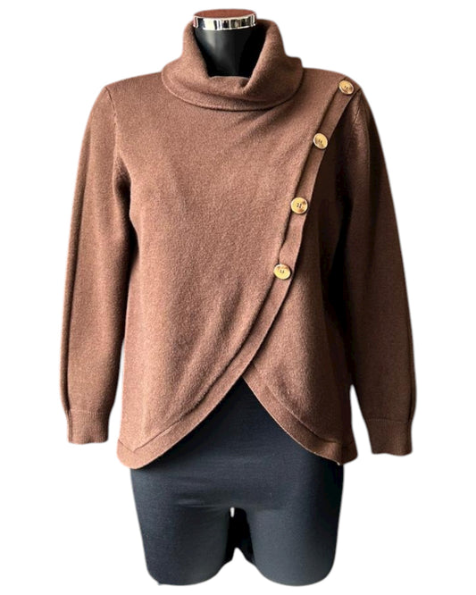 Lou wrap front button cowl neck jumper - Chocolate