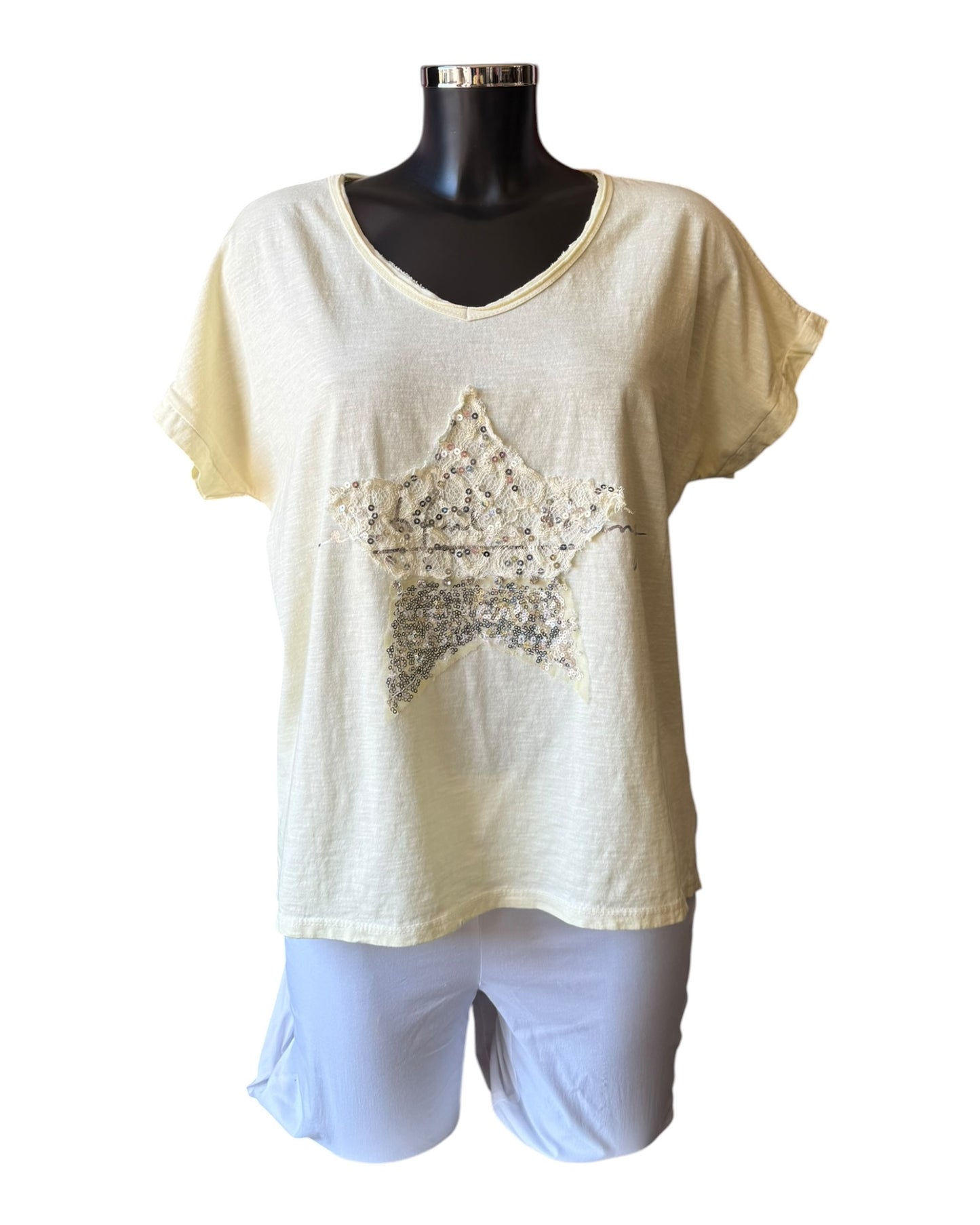 Olivia foil t-shirt v neck star - Lemon