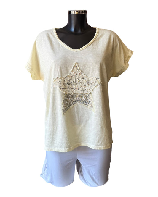 Olivia foil t-shirt v neck star - Lemon