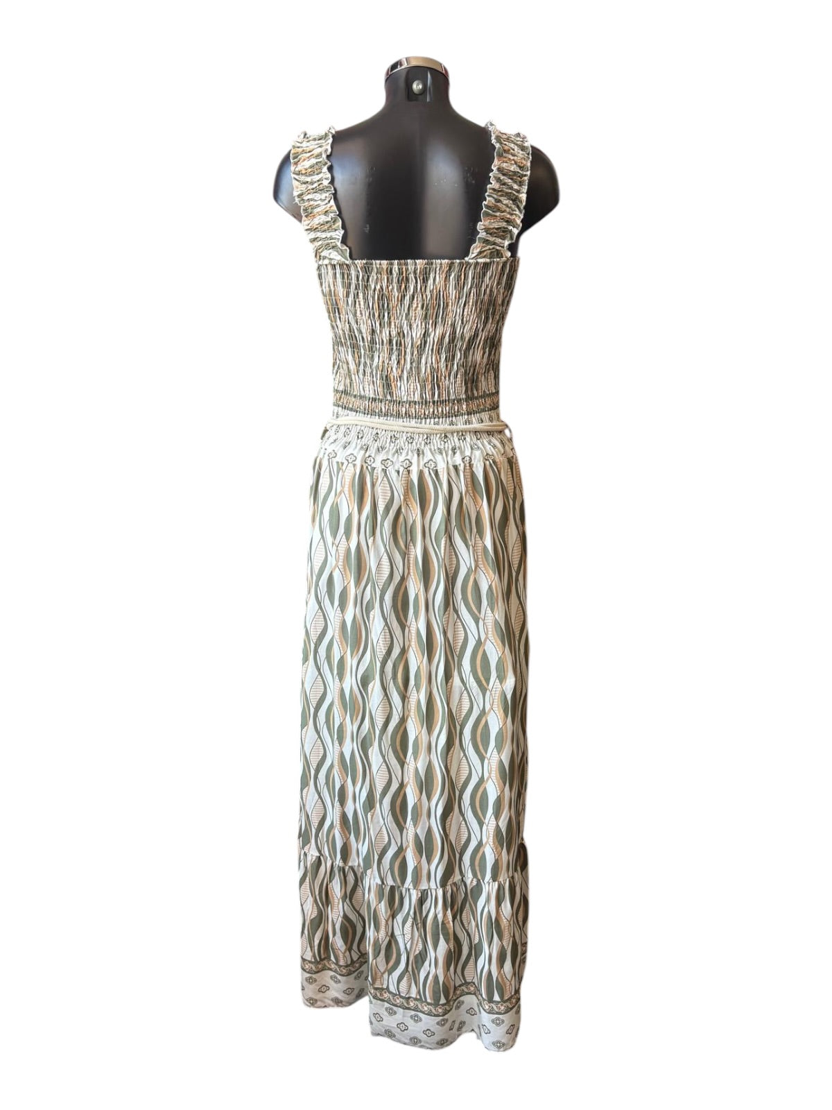 Gloria geo pattern maxi dress with belt - Khaki