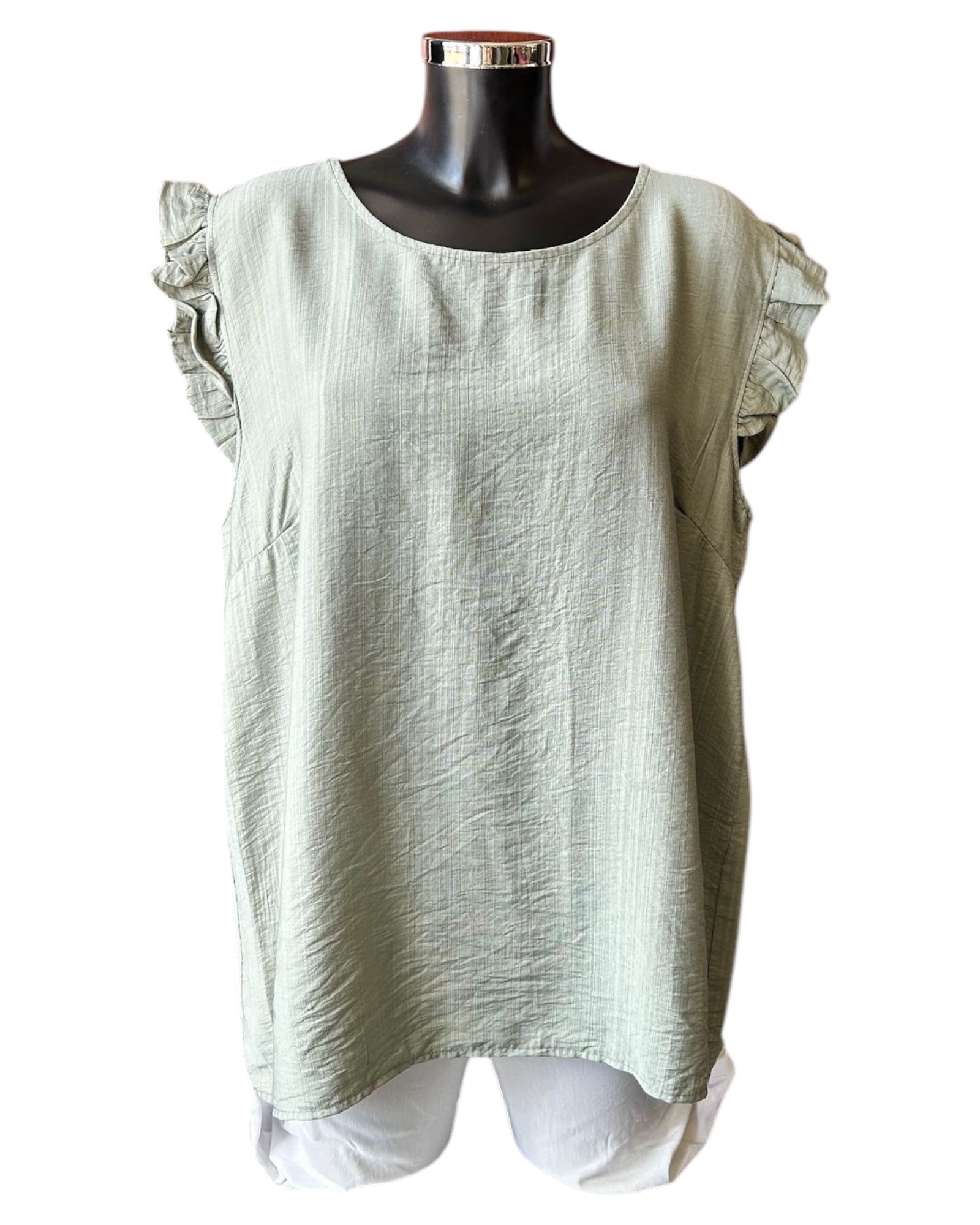 Claire mock button back frill shoulder top - Khaki