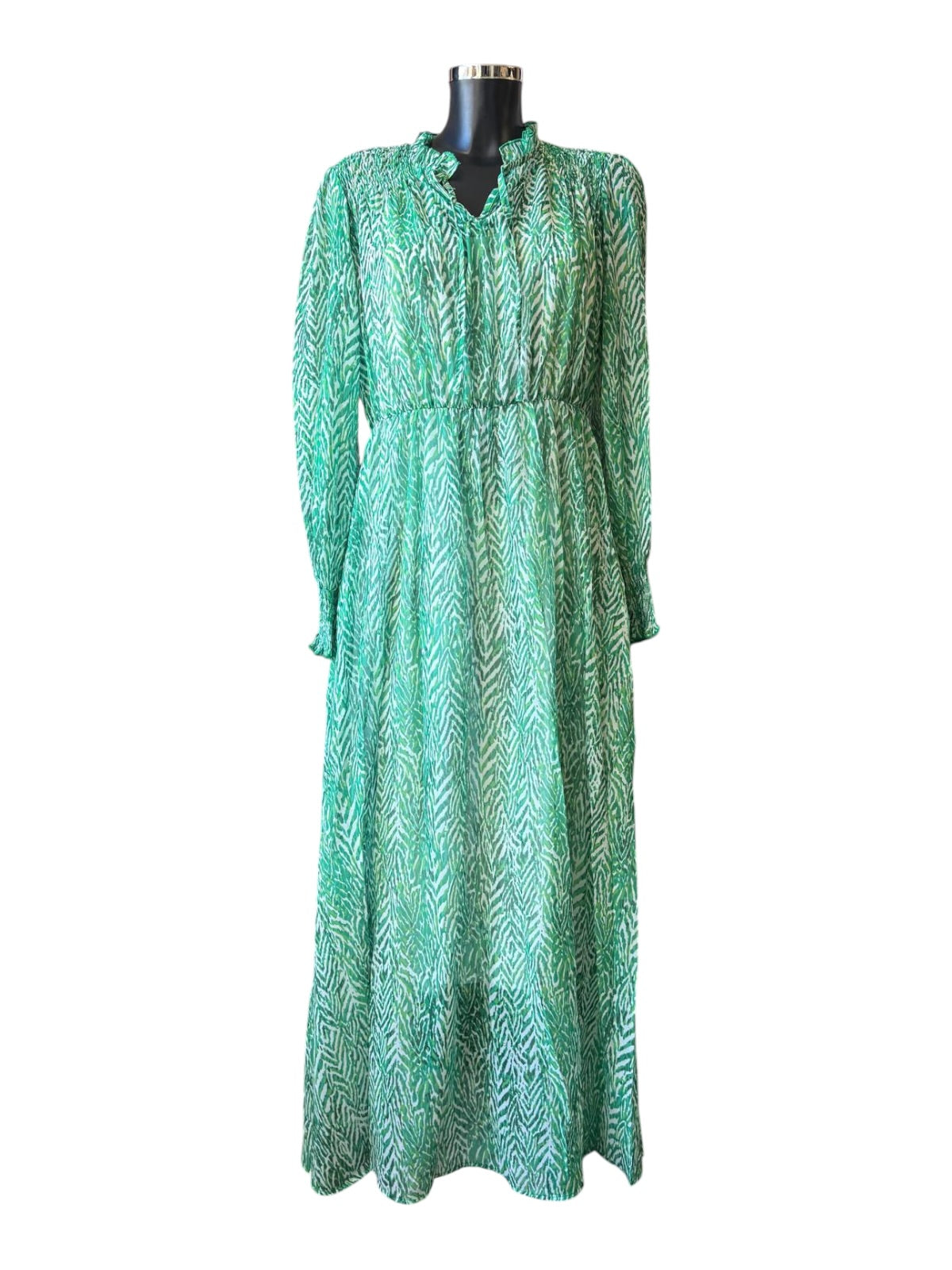 Abbie shirred shoulder chiffon midi dress - Green chevron