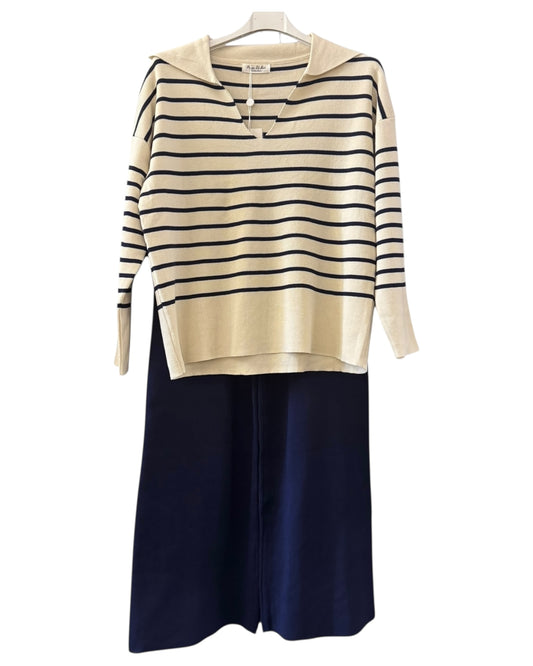 Angel navy/cream stripe co-ord knitted trouser suit