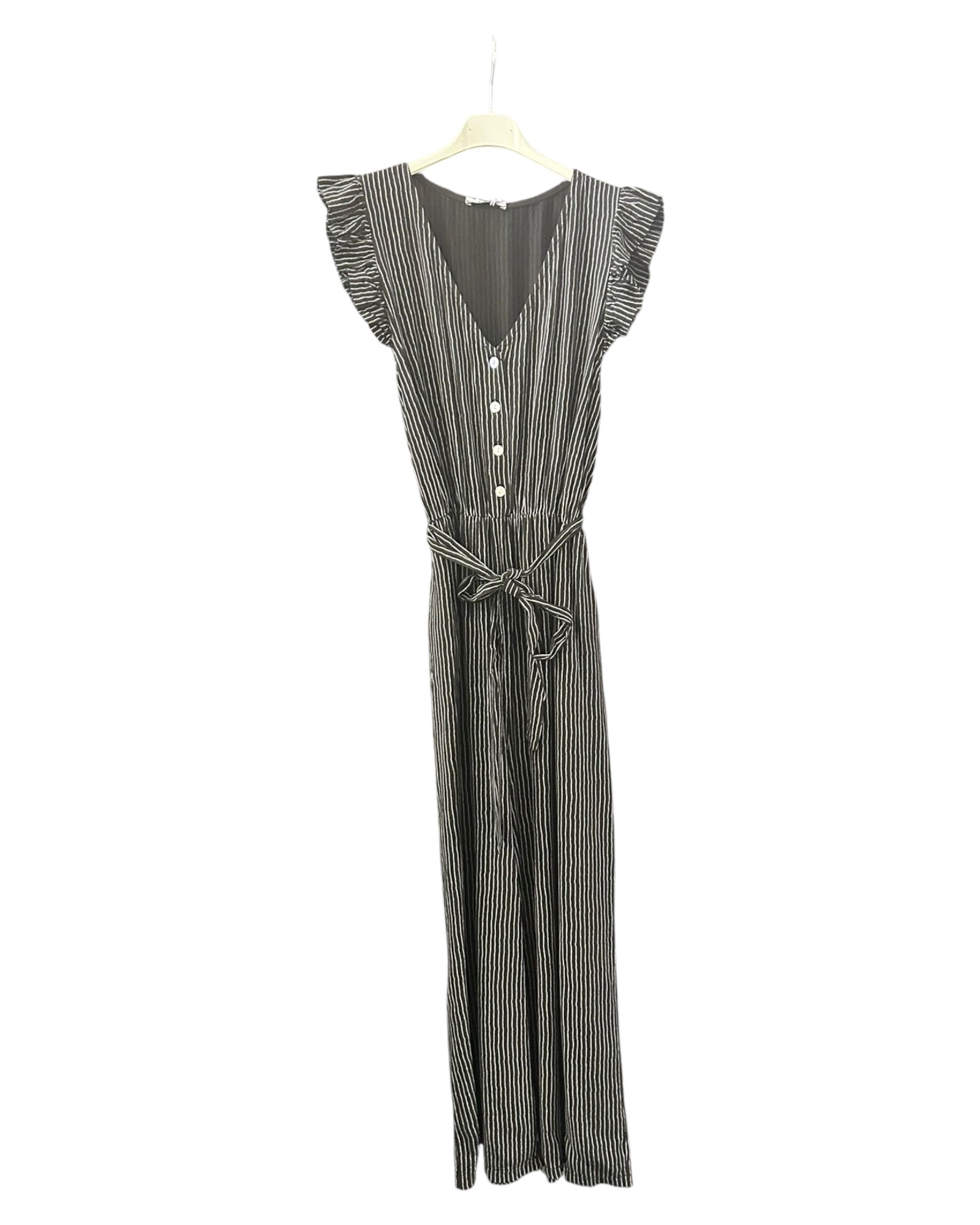 Toyah frill sleeve cropped striped jumpsuit in Black