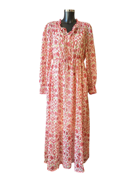 Abbie shirred shoulder chiffon midi dress - coral ikat