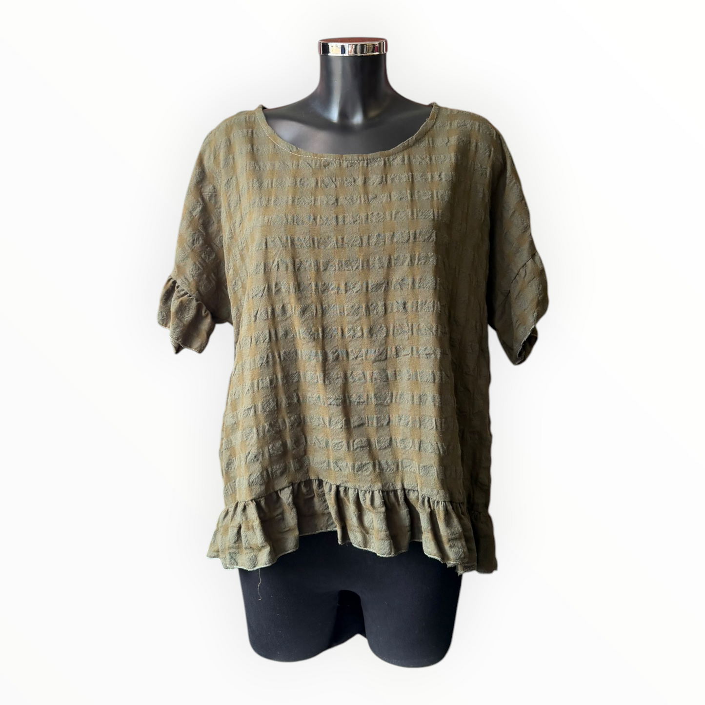 Eliza range checked frill edge top - Khaki