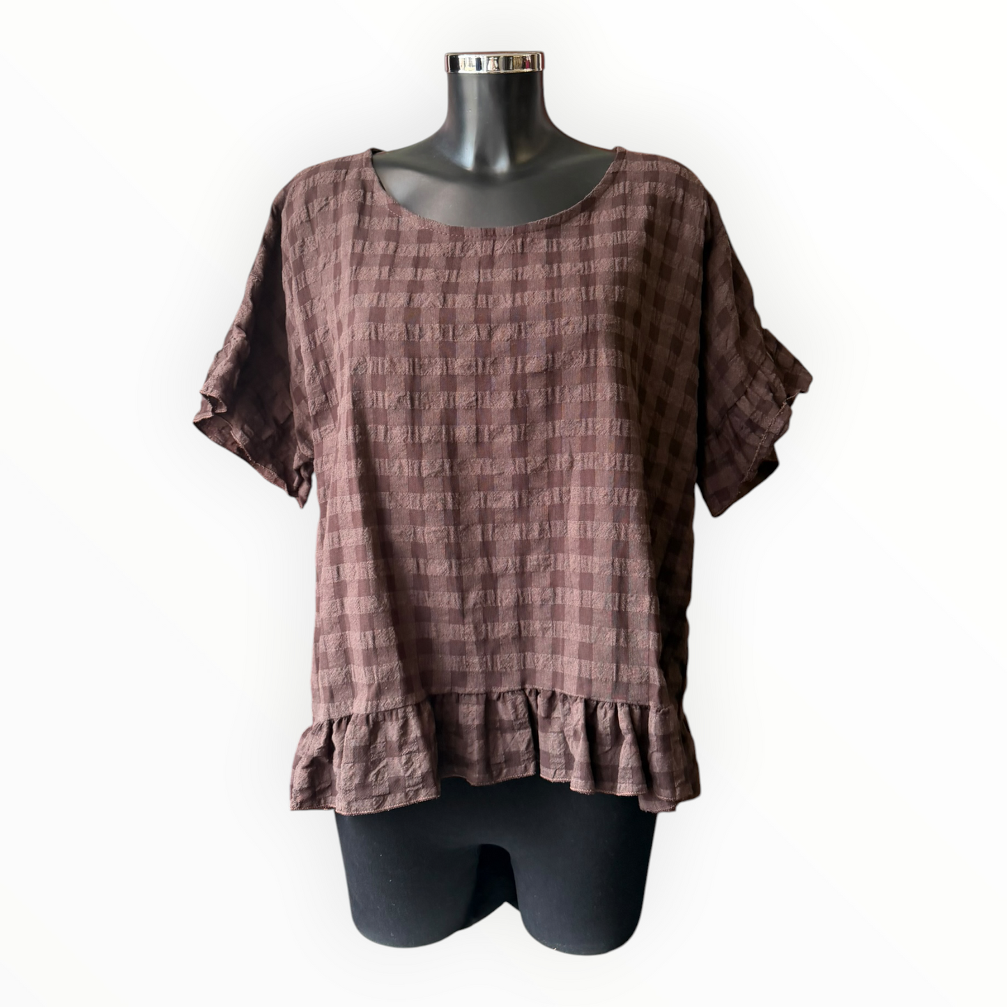 Eliza range checked frill edge top - Chocolate