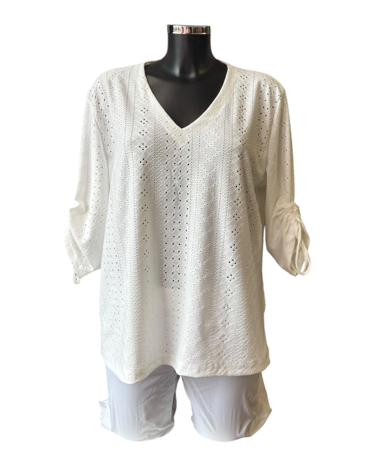 Emma v neck cutwork rouched sleeve top - Ivory