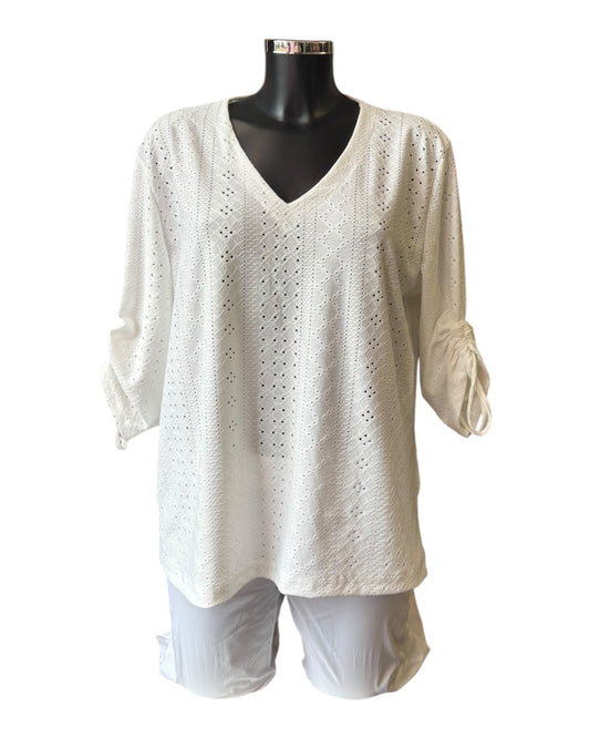 Emma v neck cutwork rouched sleeve top - Ivory