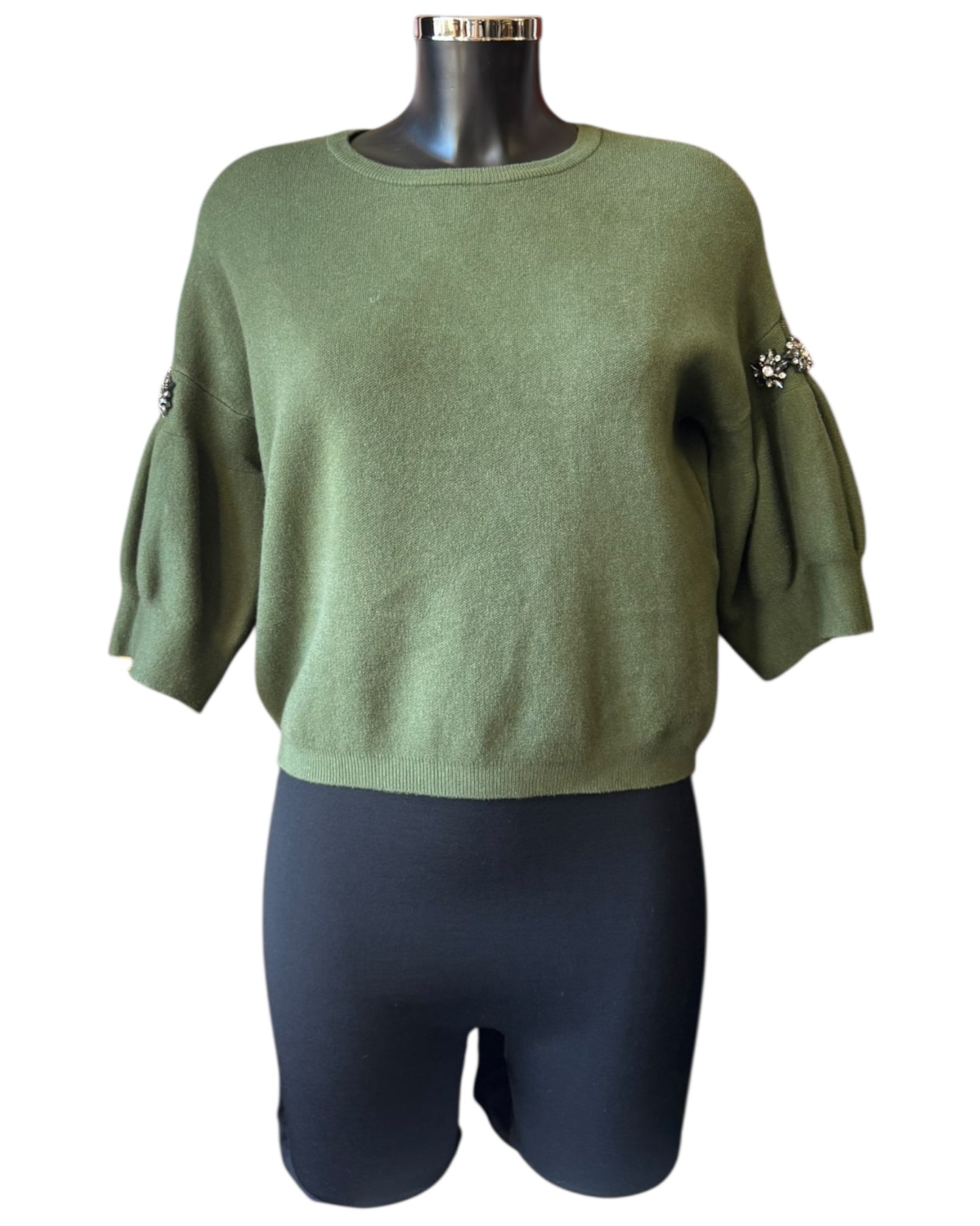 Eliza diamond puff sleeve short jumper - Khaki