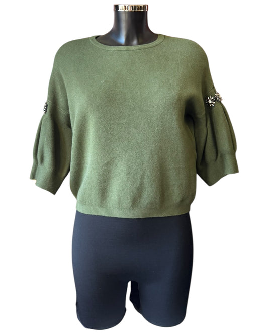 Eliza diamond puff sleeve short jumper - Khaki