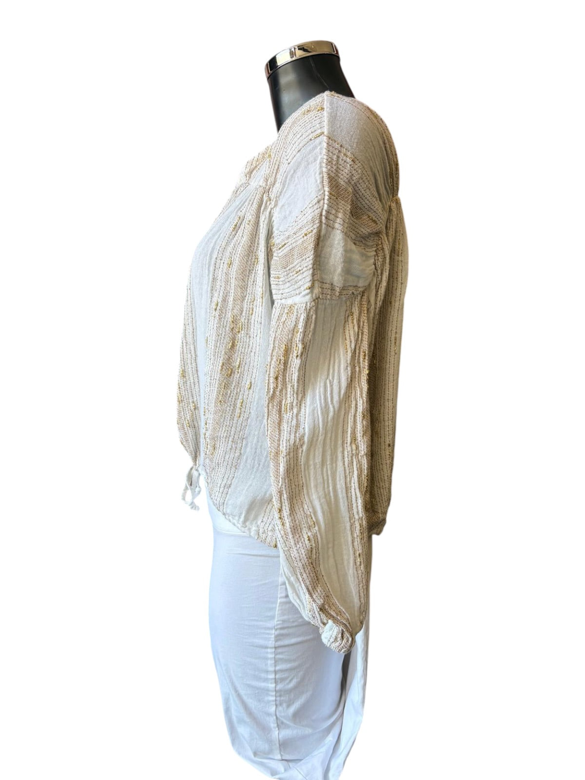 Caprice range linen and cotton gold thread tie front blouse