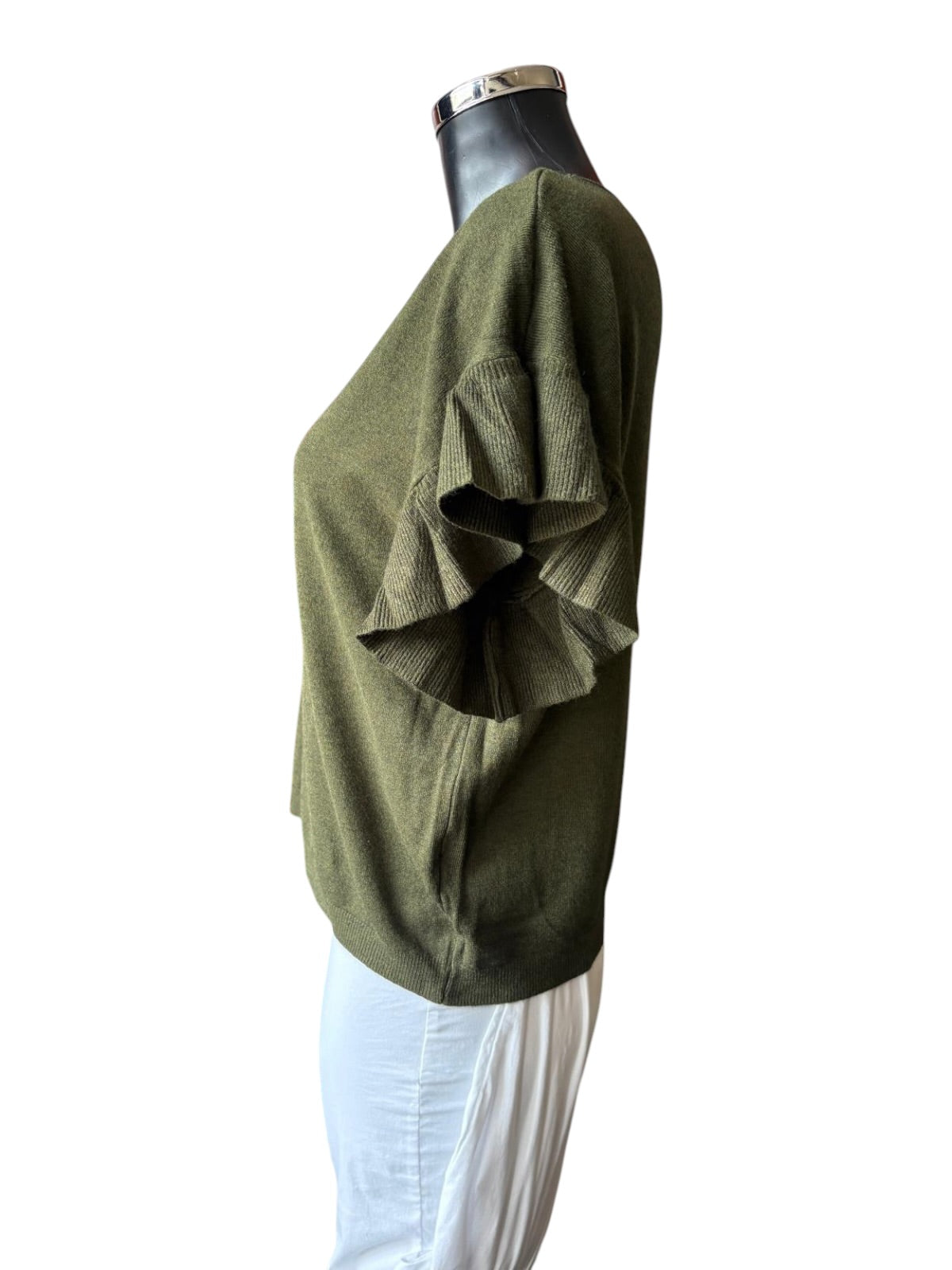 Anya frill sleeve fine knit short sleeve jumper - Khaki