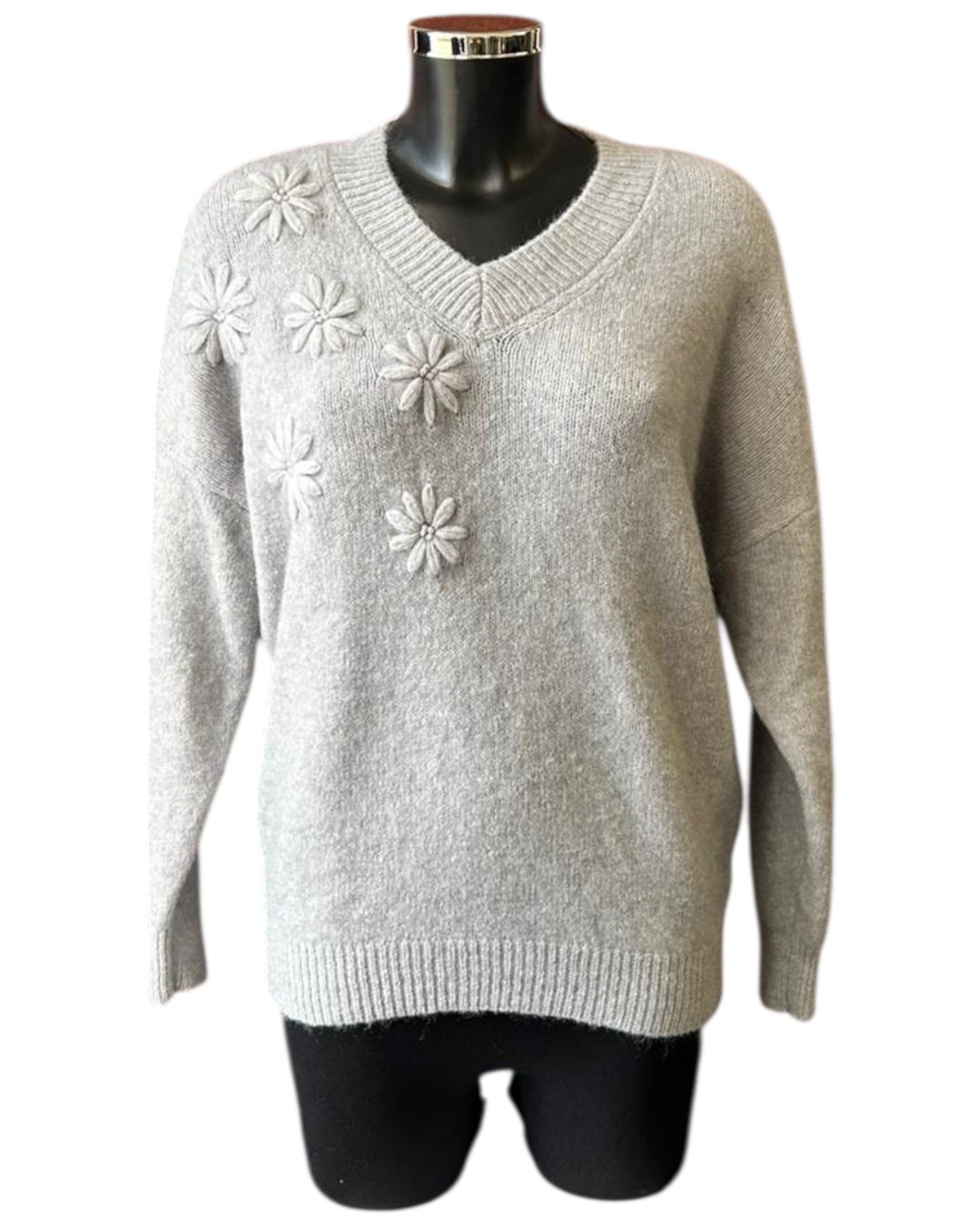 Rosey v neck appliqué flower jumper - Grey