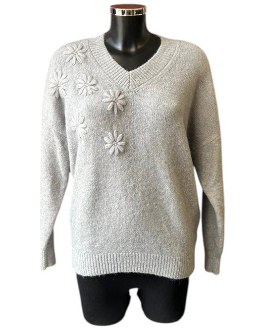 Rosey v neck appliqué flower jumper - Grey