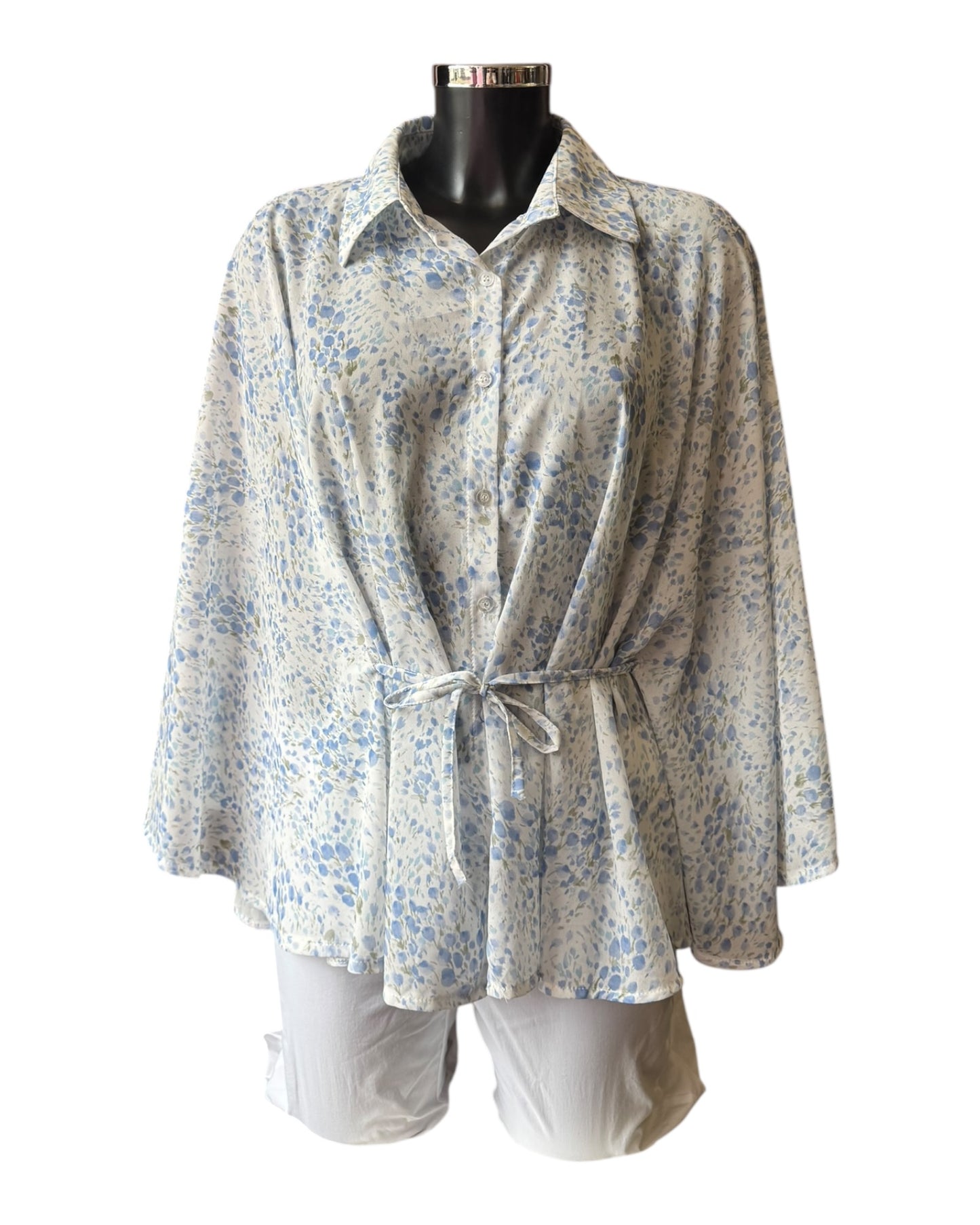 Larissa tie waist floral poncho top - Blue mix