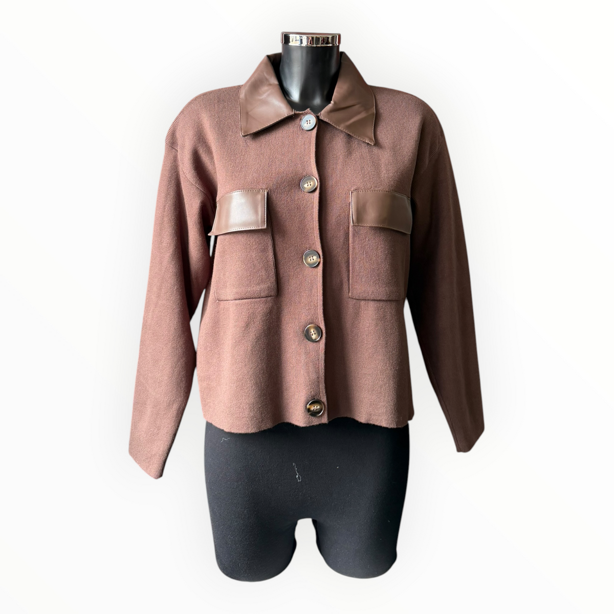 Tiffany faux leather detail cardigan - Chocolate