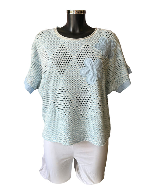 Megan open knit applique flower knitted top - Blue