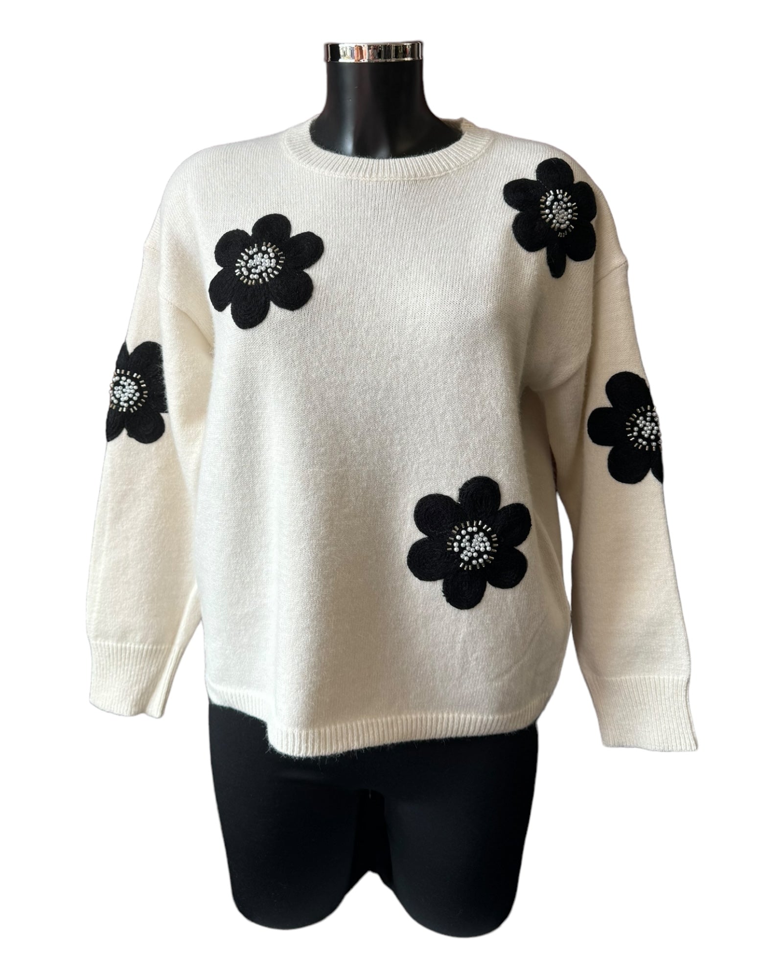 Nicole round neck embellished daisy jumper - Cream