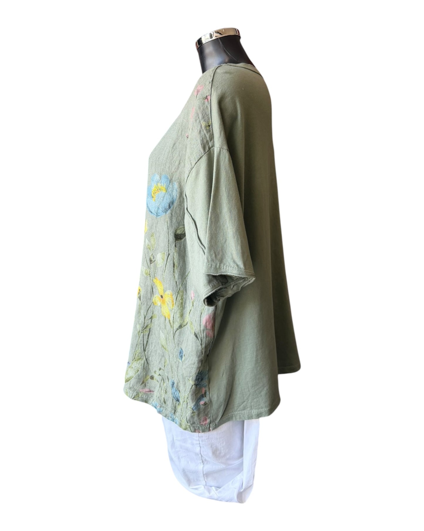 Amilla small flowers linen mix top - Khaki