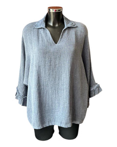 Casey range frill sleeve collared top - Navy