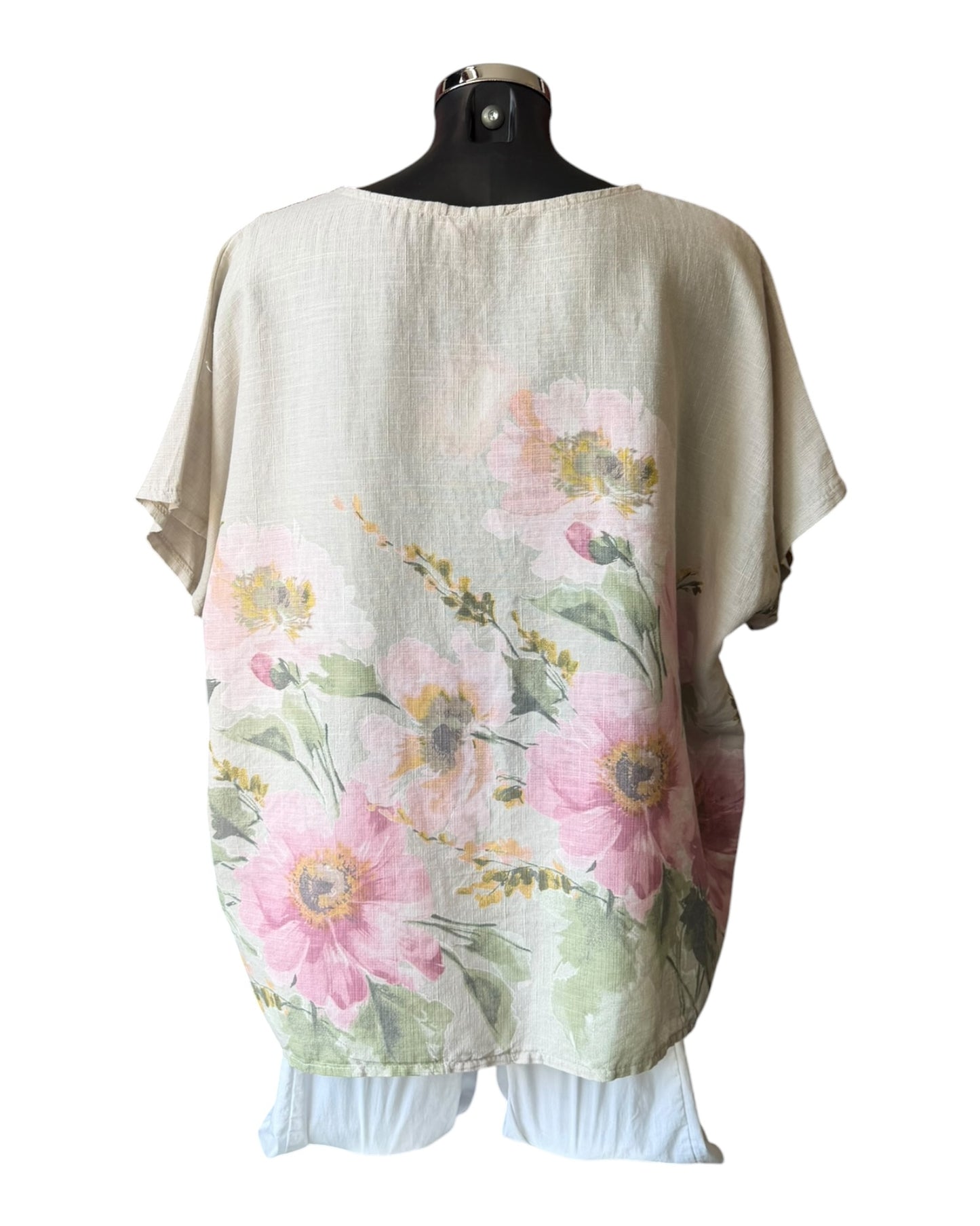 Amilla big flower linen mix top - beige