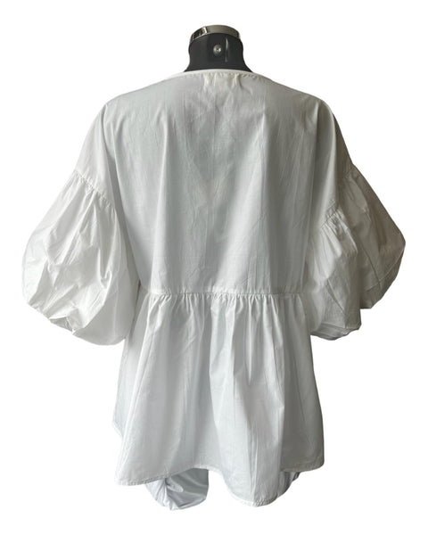 Orientique poplin bubble sleeve smock  top - White