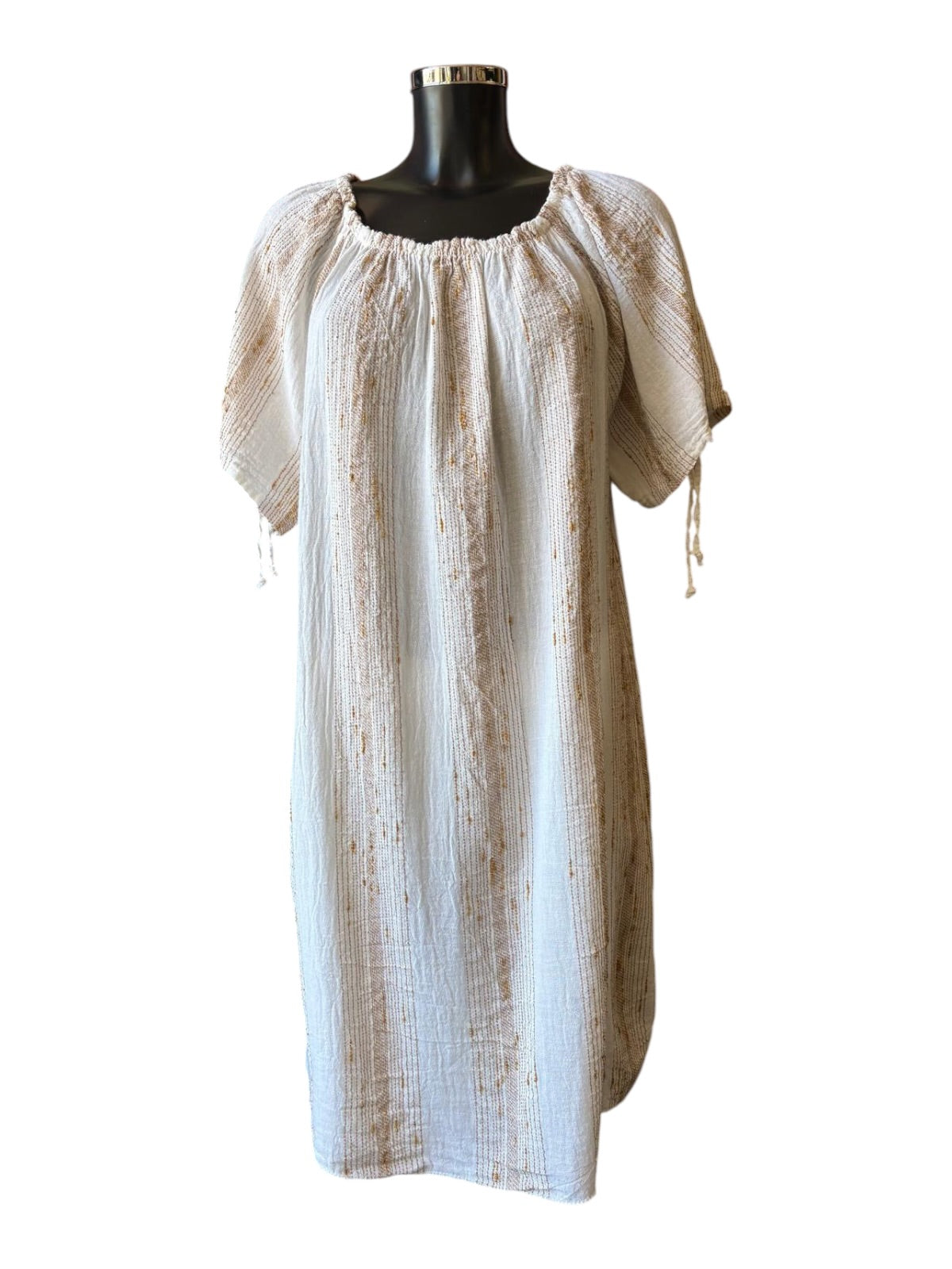 Caprice range linen and cotton gold thread off shoulder dress