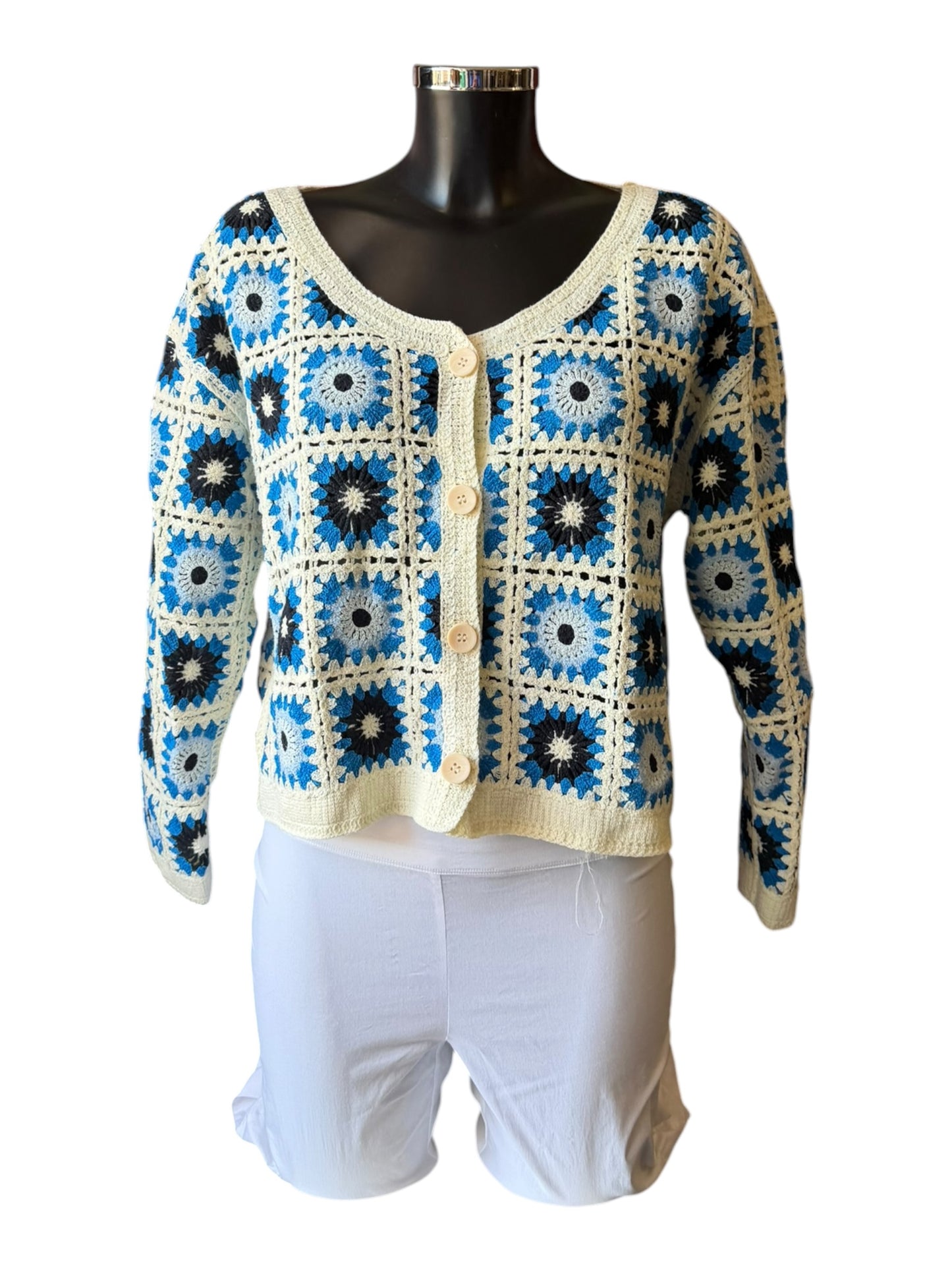 Stevie square flower crochet cardigan - Blue mix