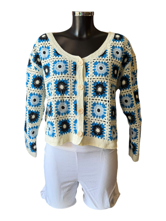 Stevie square flower crochet cardigan - Blue mix