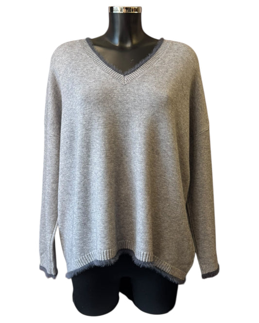 Hazel fur trim v neck jumper - Grey