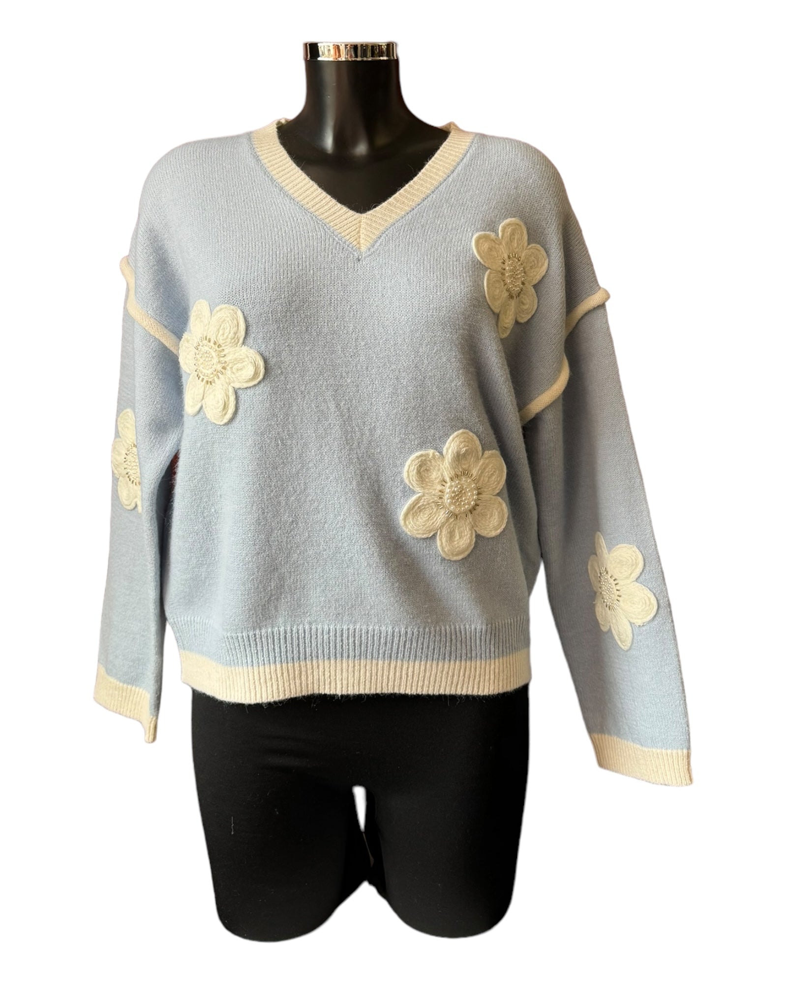 Nicole v neck embellished daisy jumper - Blue