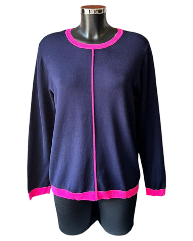 Kaleido fine knit colour tip jumper - Navy/Fuchsia